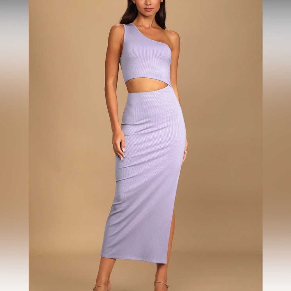 NEW Lulu’s Spice Things Up Lavender Ribbed One-Shoulder Cutout Midi Dress